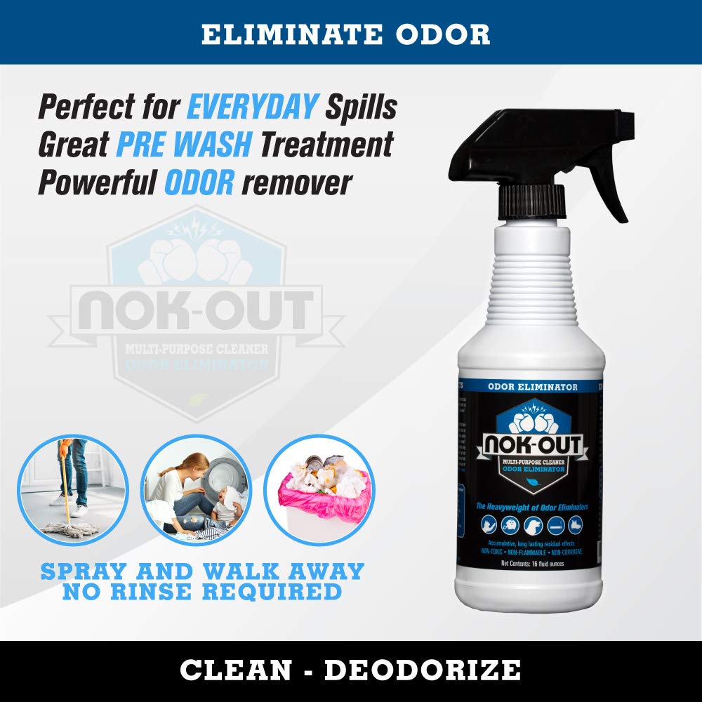 NOK OUT Odor Remover label-view highlights a large, USA-made bottle for easy use.