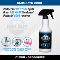 NOK OUT Odor Remover label-view highlights a large, USA-made bottle for easy use.