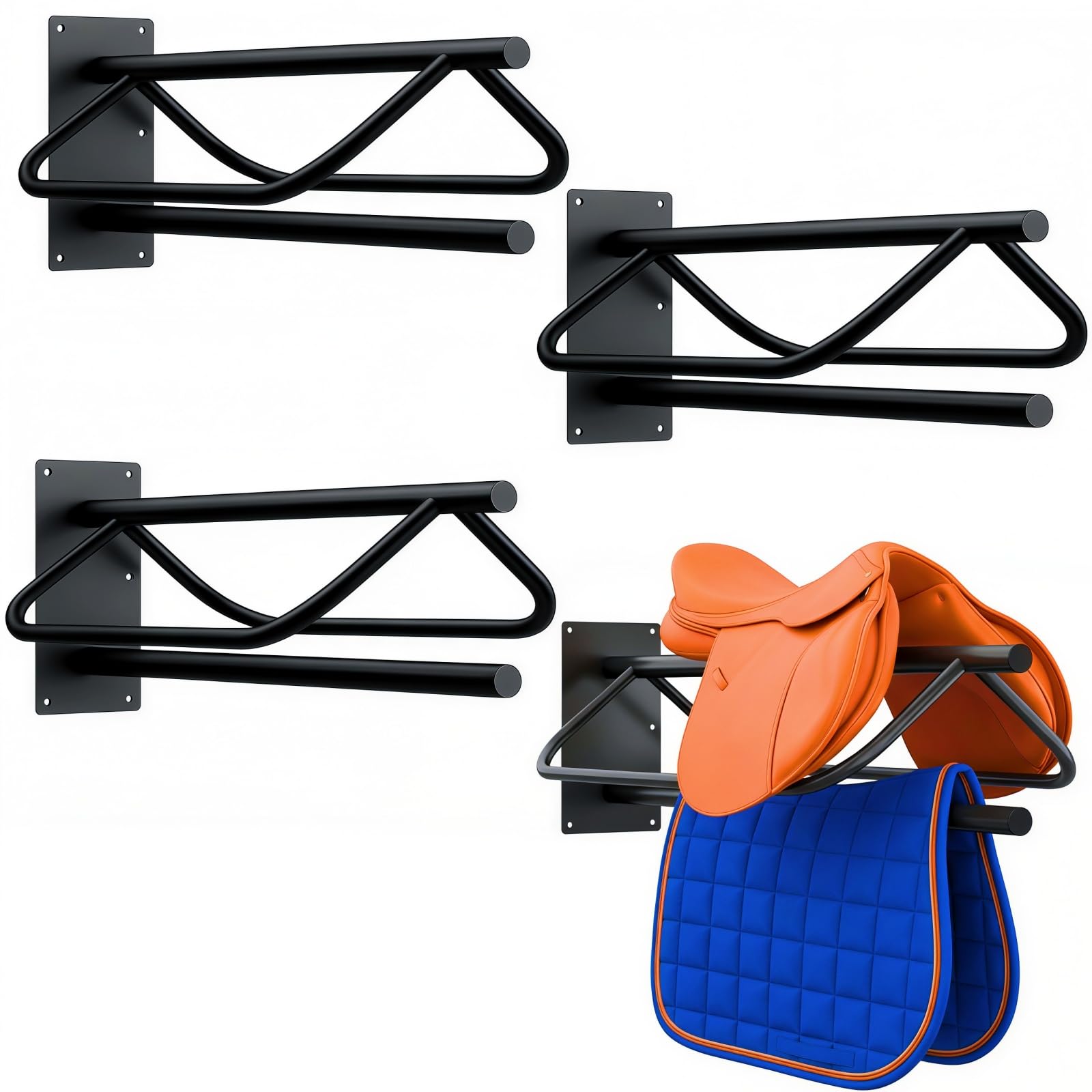 Noliven 4-pack wall-mounted saddle rack installation for quick, tool-free mounting.