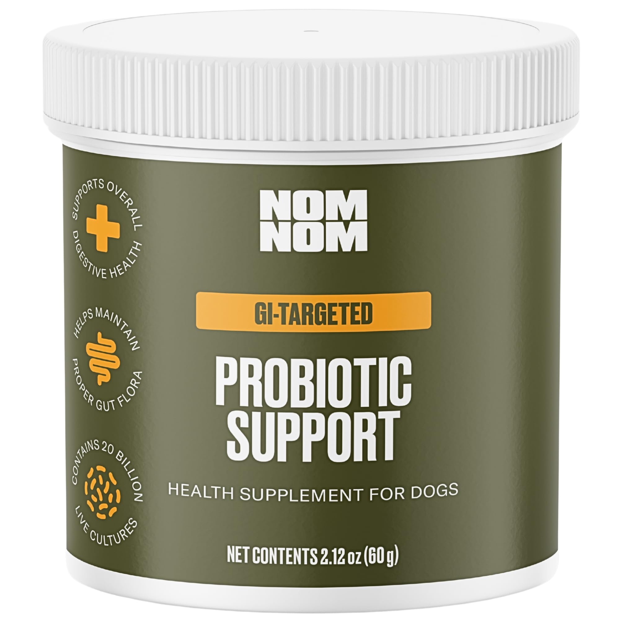 Nom Nom Dog GI-Targeted Probiotic bottle supports daily gut balance for dogs