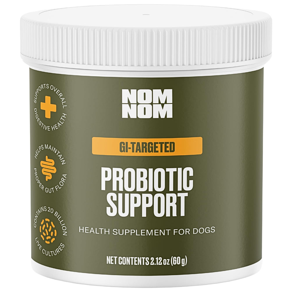 Nom Nom Dog GI-Targeted Probiotic bottle supports daily gut balance for dogs