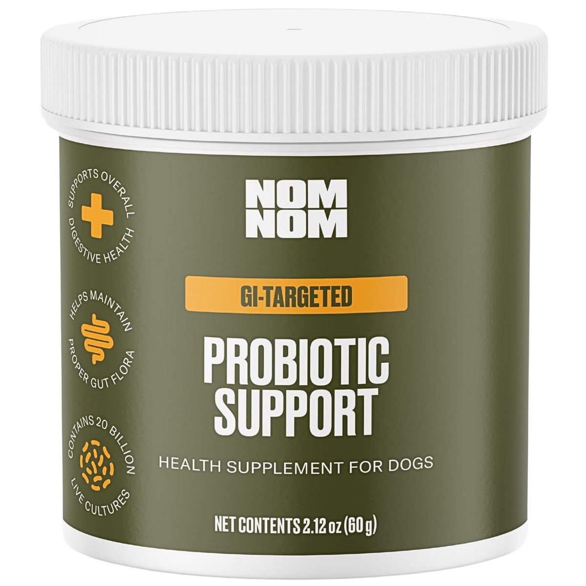 Nom Nom Dog GI-Targeted Probiotic bottle supports daily gut balance for dogs