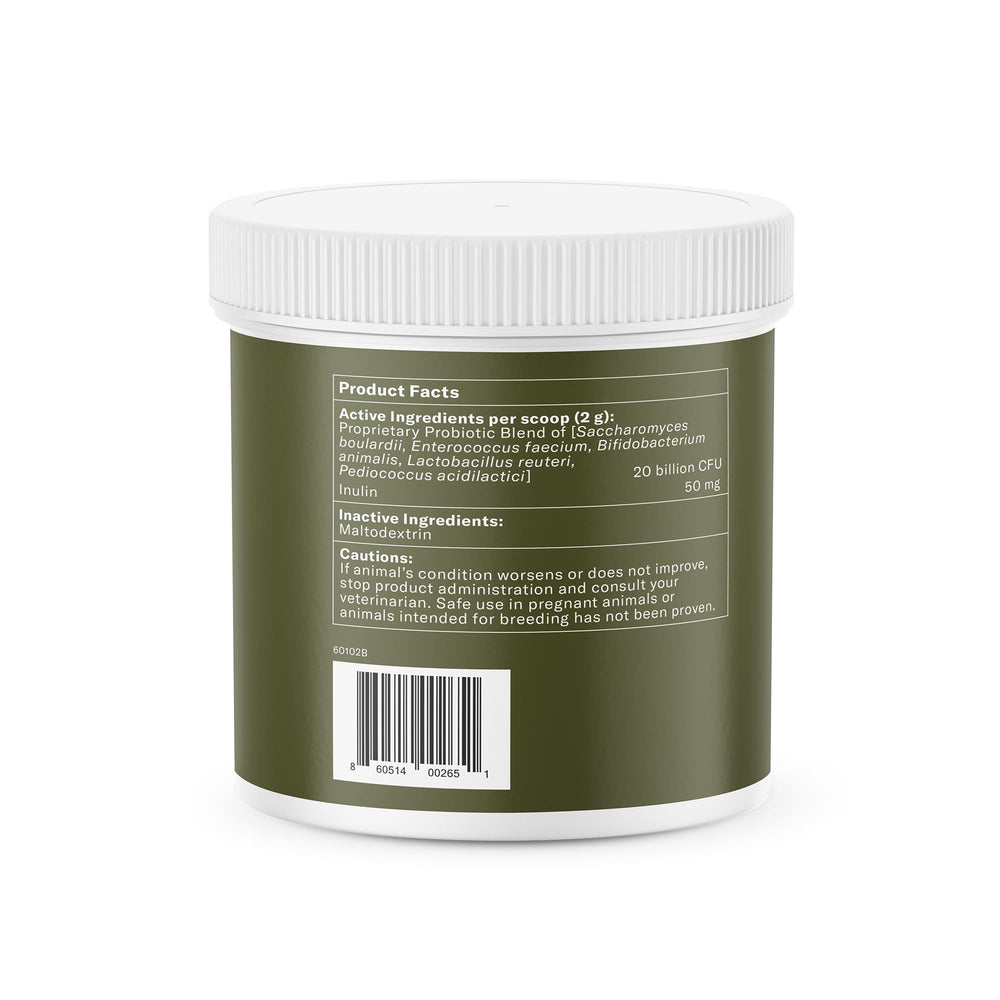 Close-up of Nom Nom Dog GI-Targeted Probiotic label highlights ingredients for gut balance