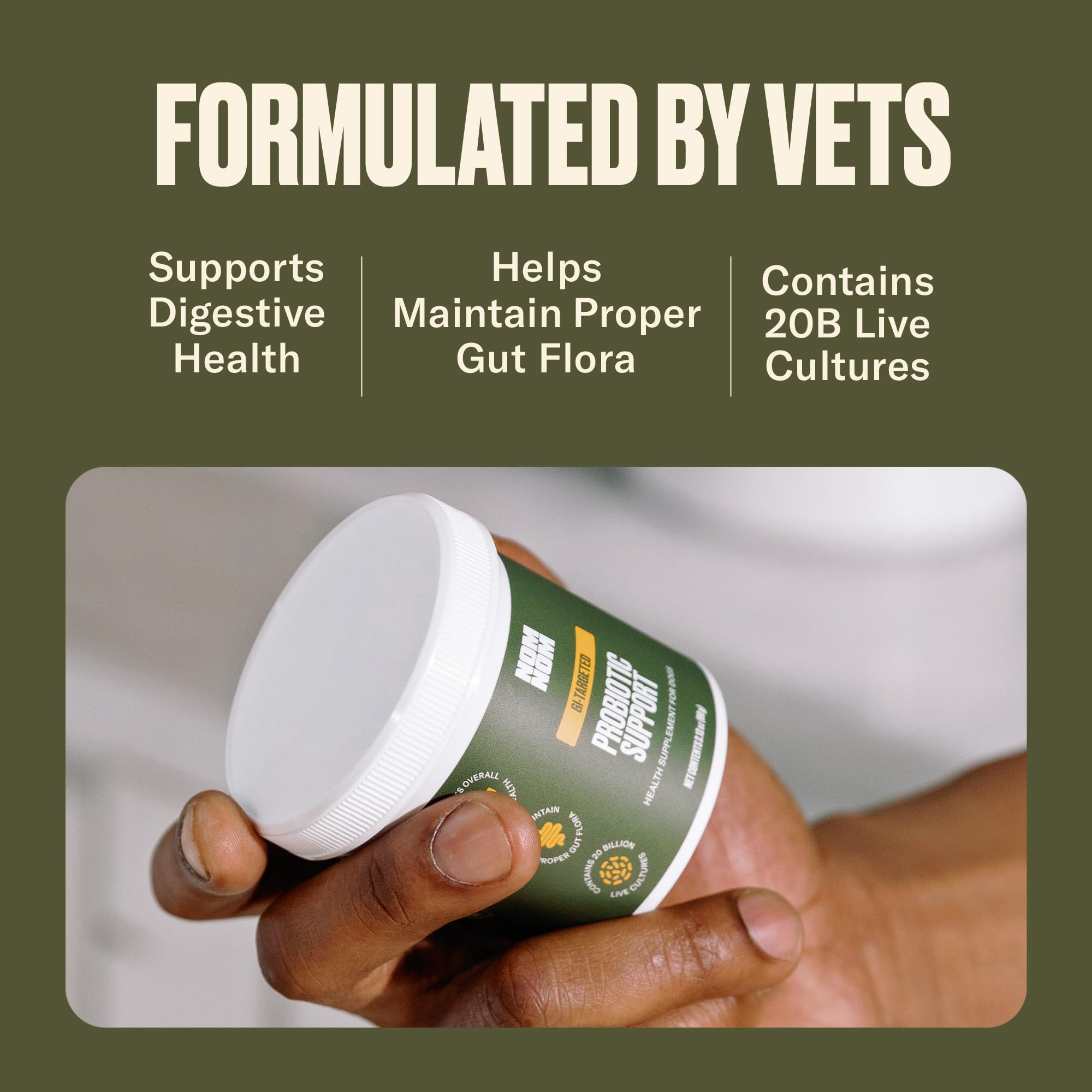 Powder from Nom Nom Dog GI-Targeted Probiotic ready to mix with meals