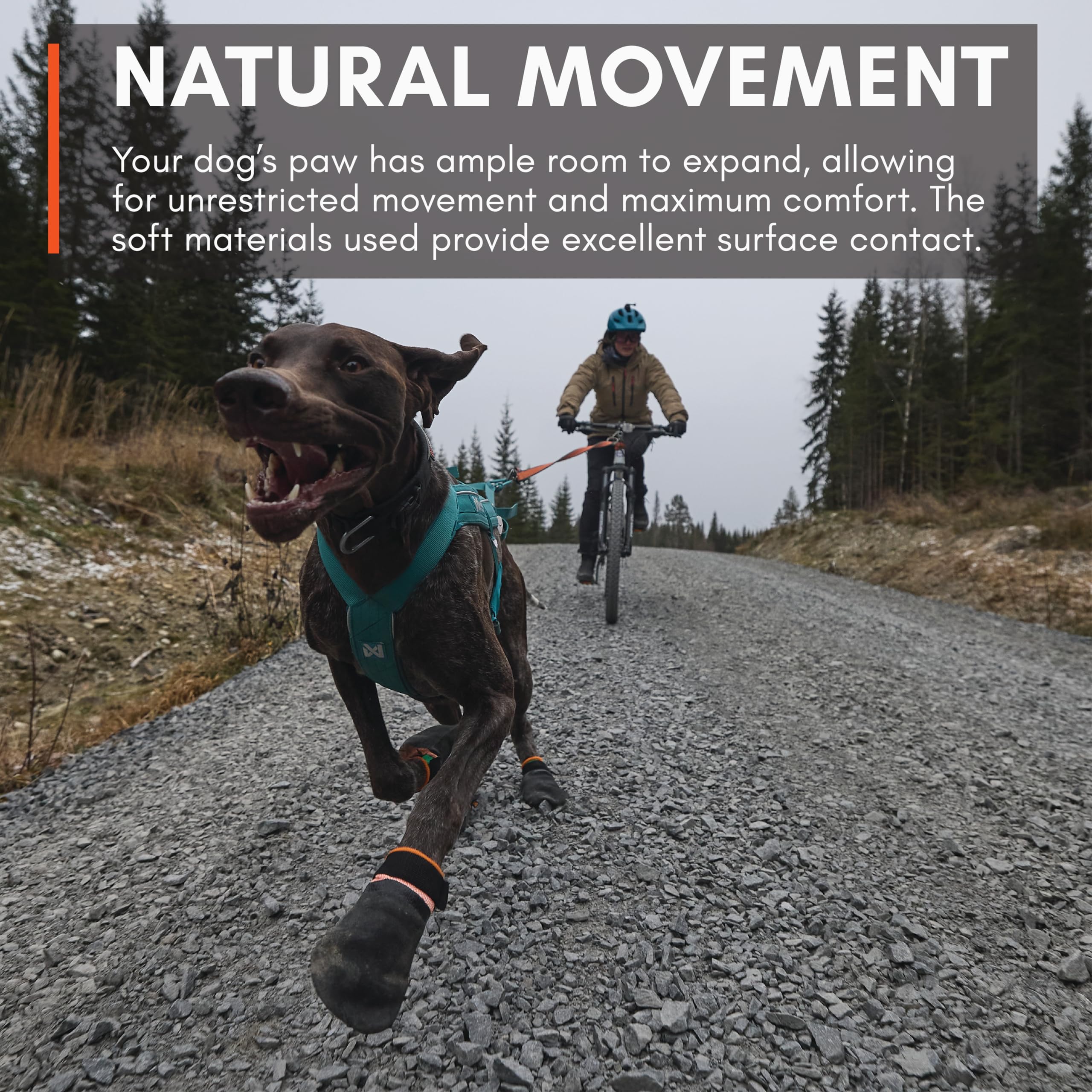Non-stop dogwear Protector Booties highlight waterproof-grip on wet surfaces.