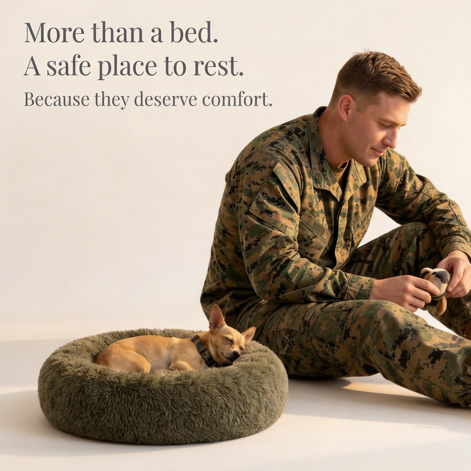 Nononfish army green donut bed close-up shows soft plush surface