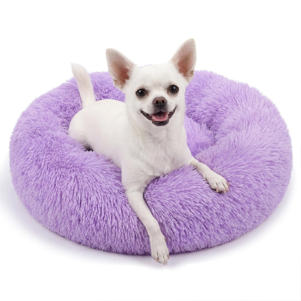 Nononfish calming donut bed in purple with a round silhouette for small pets.