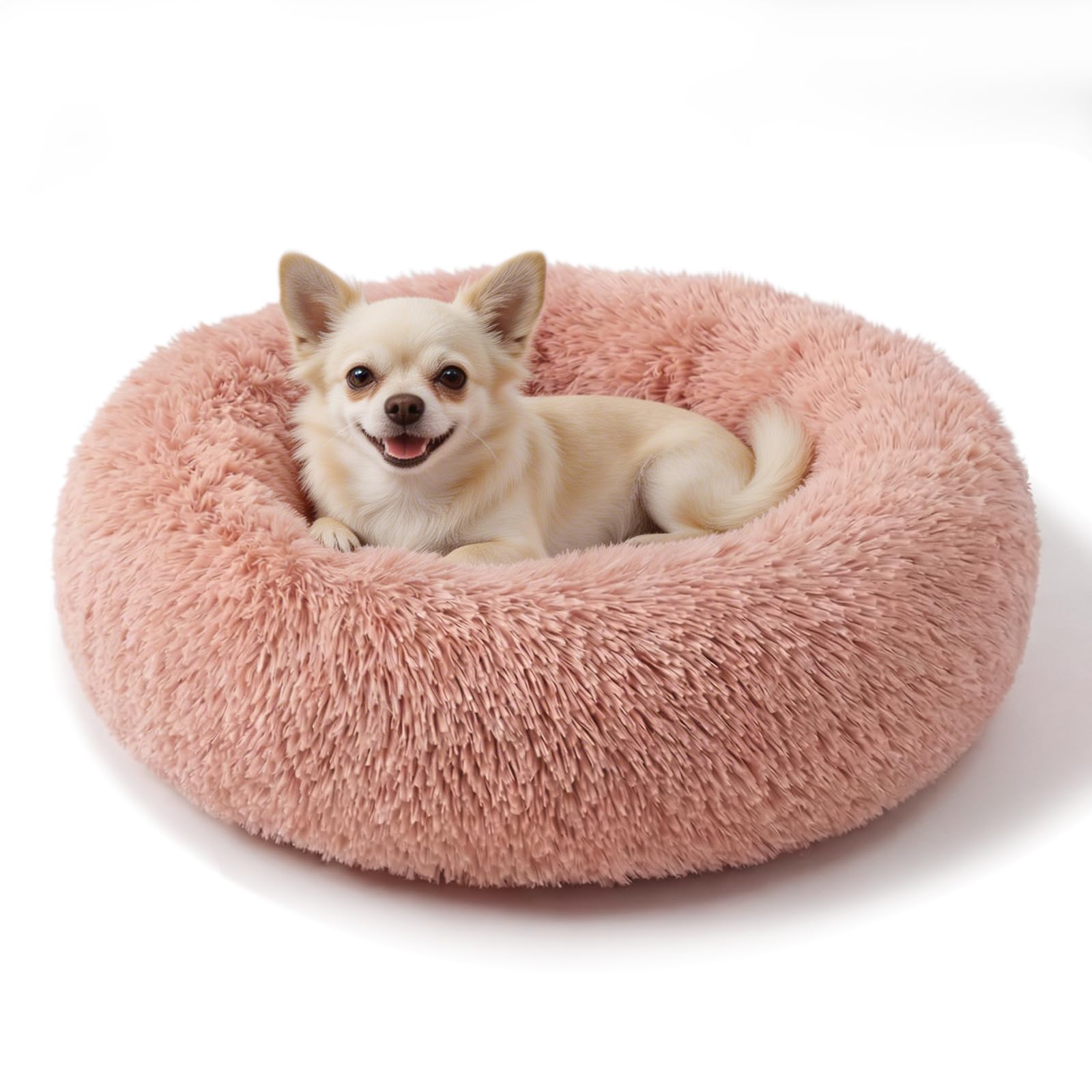 Nononfish calming donut dog bed 19-inch pink, cozy for small dogs.