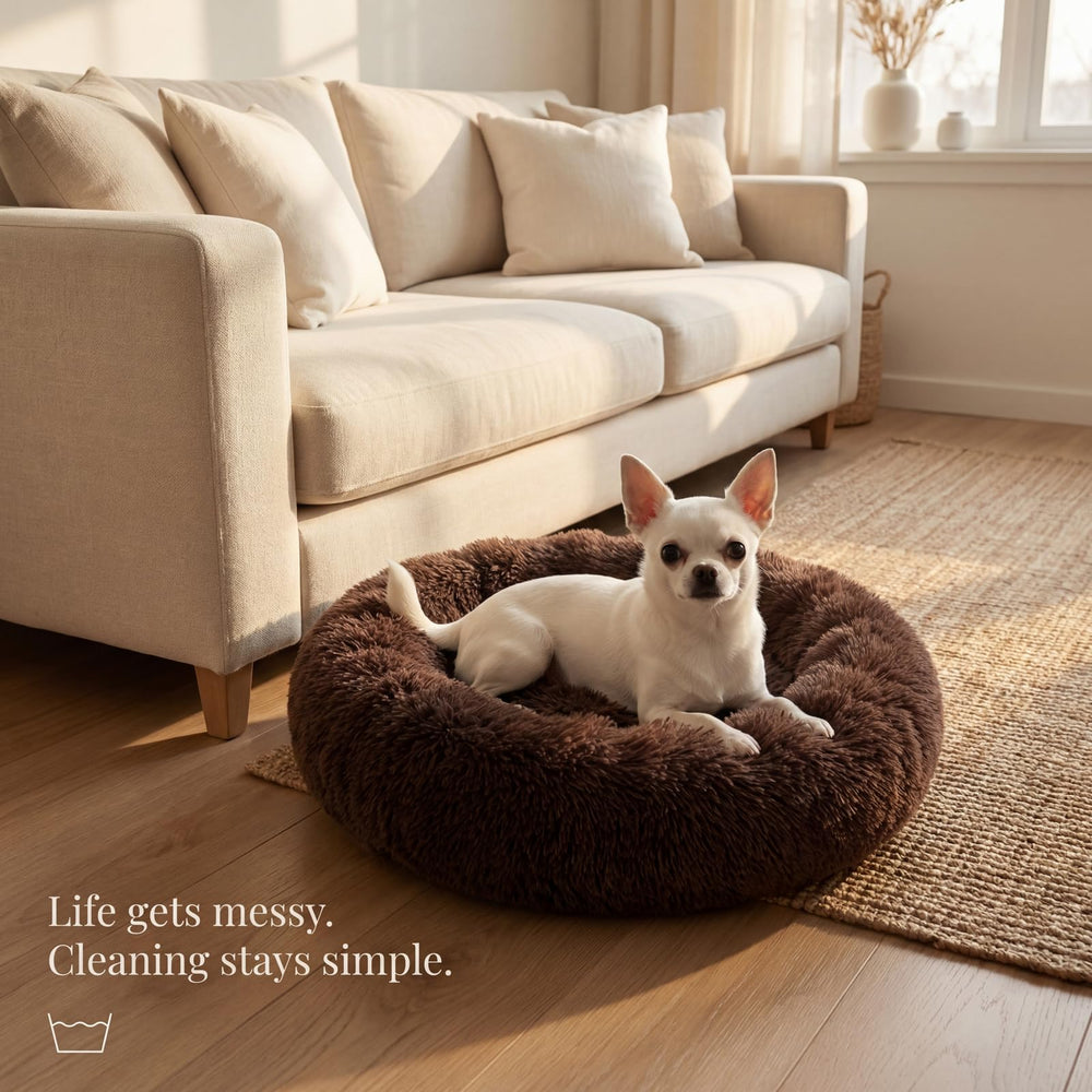 Nononfish chocolate brown bed blends with home decor and hides fur between washes.