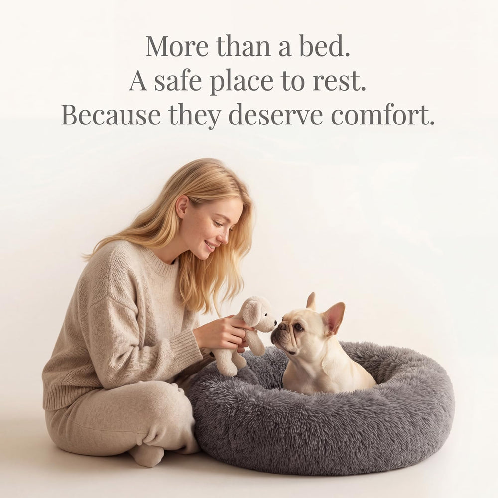 Nononfish dog relaxing on donut bed after playtime