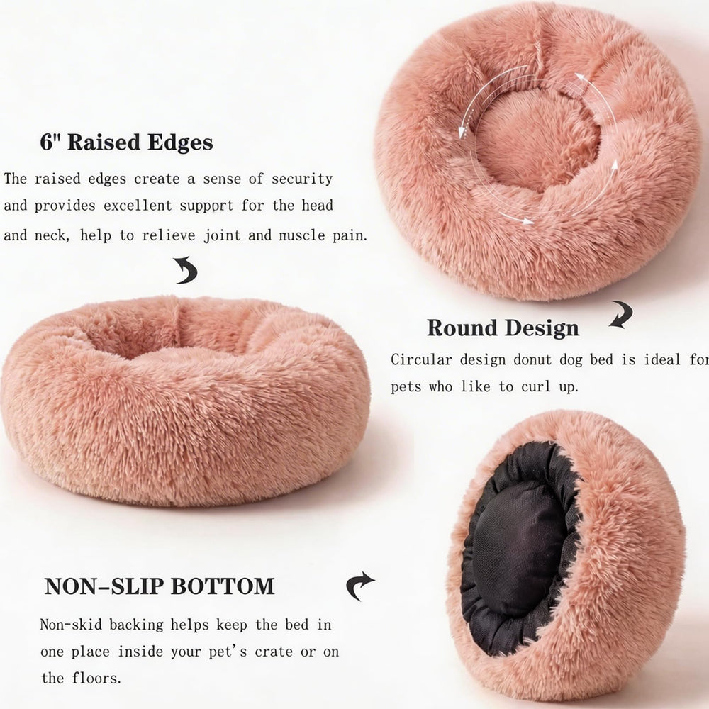 Nononfish non-slip bottom donut bed pink, stays in place during naps.