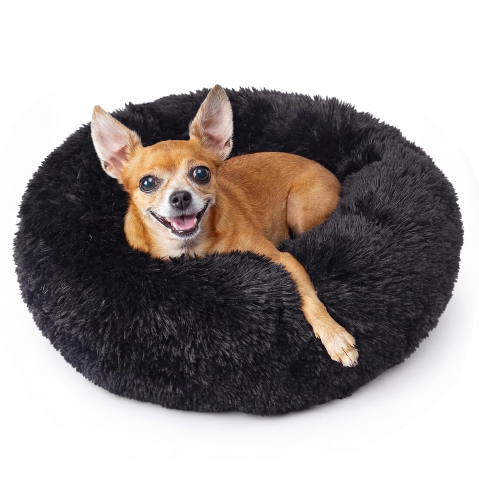 Nononfish round puppy bed top view with plush fur for calming sleep