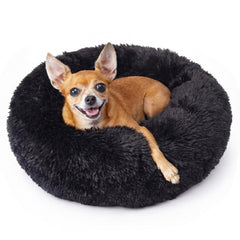 Nononfish round puppy bed top view with plush fur for calming sleep