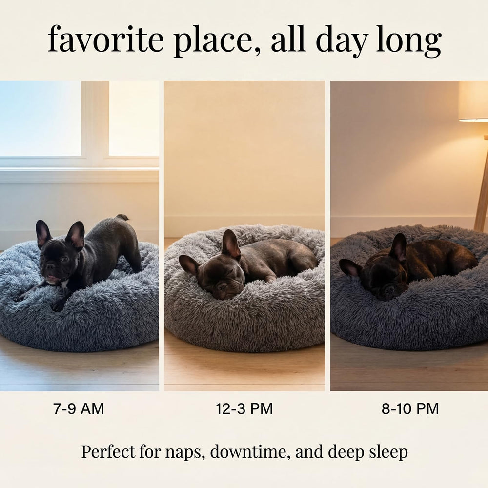Nononfish round bed with warm faux fur invites curling naps at night.