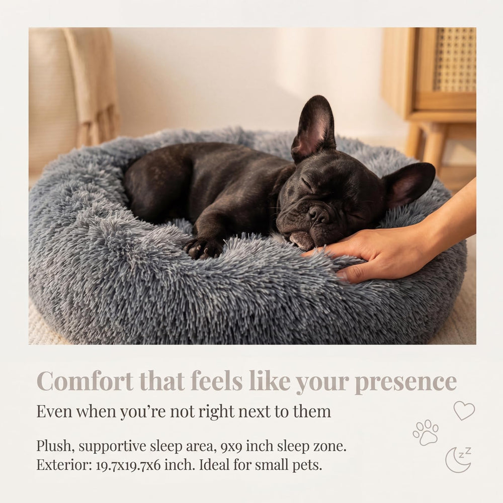 Nononfish round dog bed plush bolster detail highlights supportive nesting for curling sleepers.