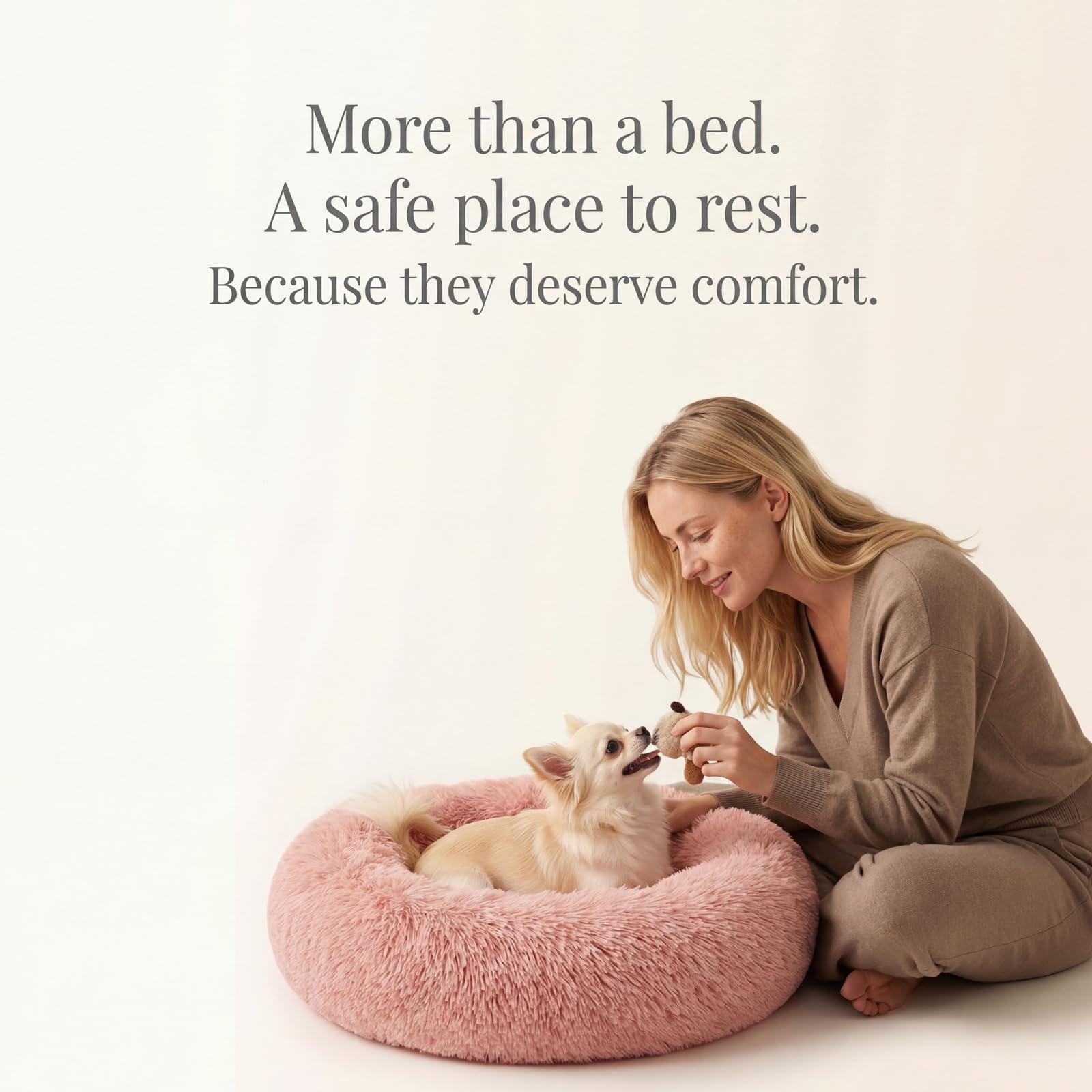 Nononfish pink donut bed with size guidance for toy breeds up to 15 lbs.