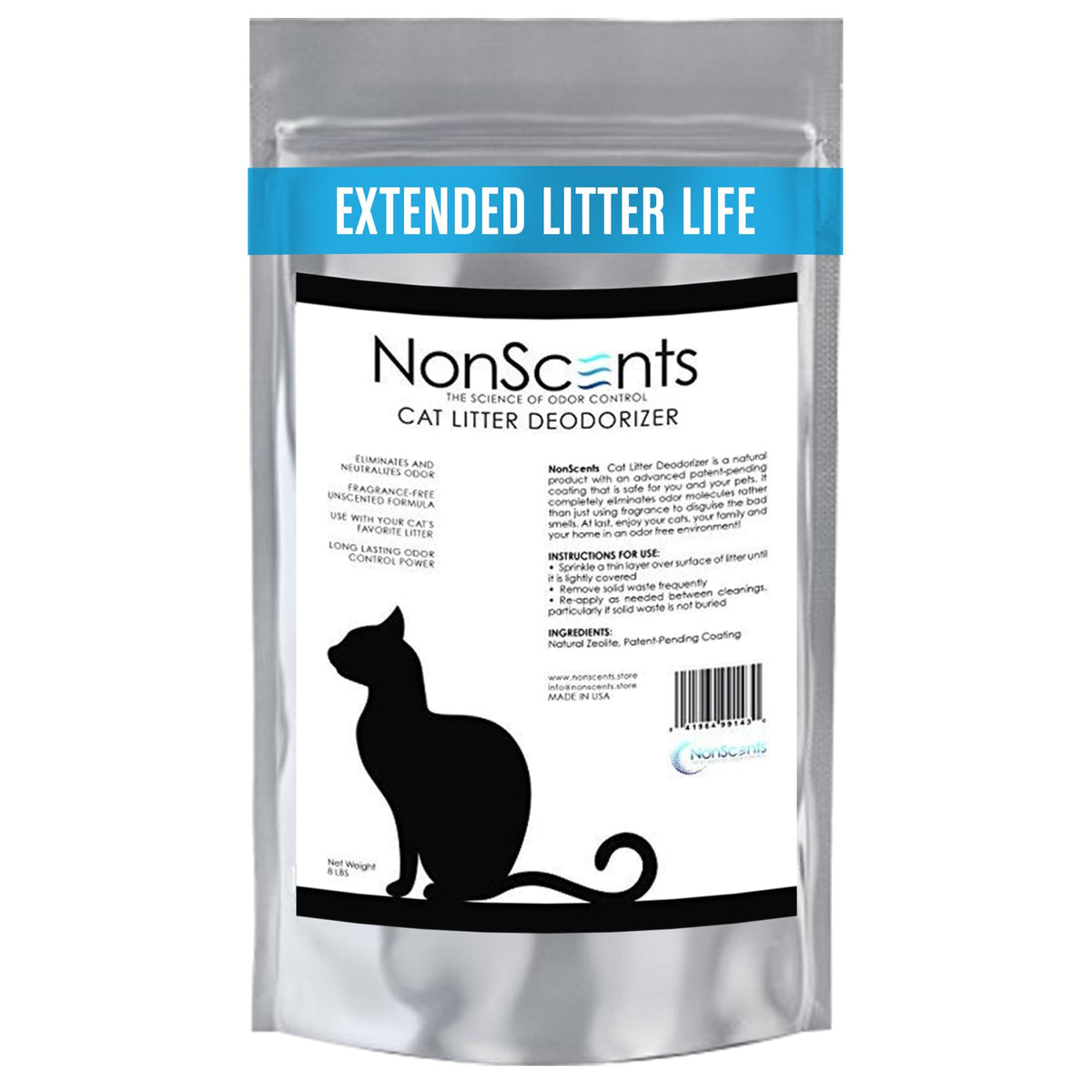 NonScents cat litter deodorizer bottle demonstrates fragrance-free odor control.