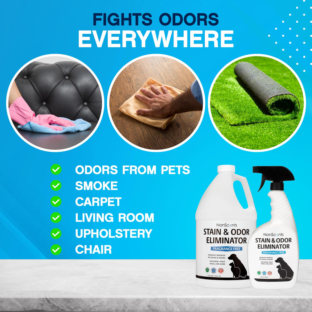 NonScents versatile pet stain remover works on carpets, floors, and furniture