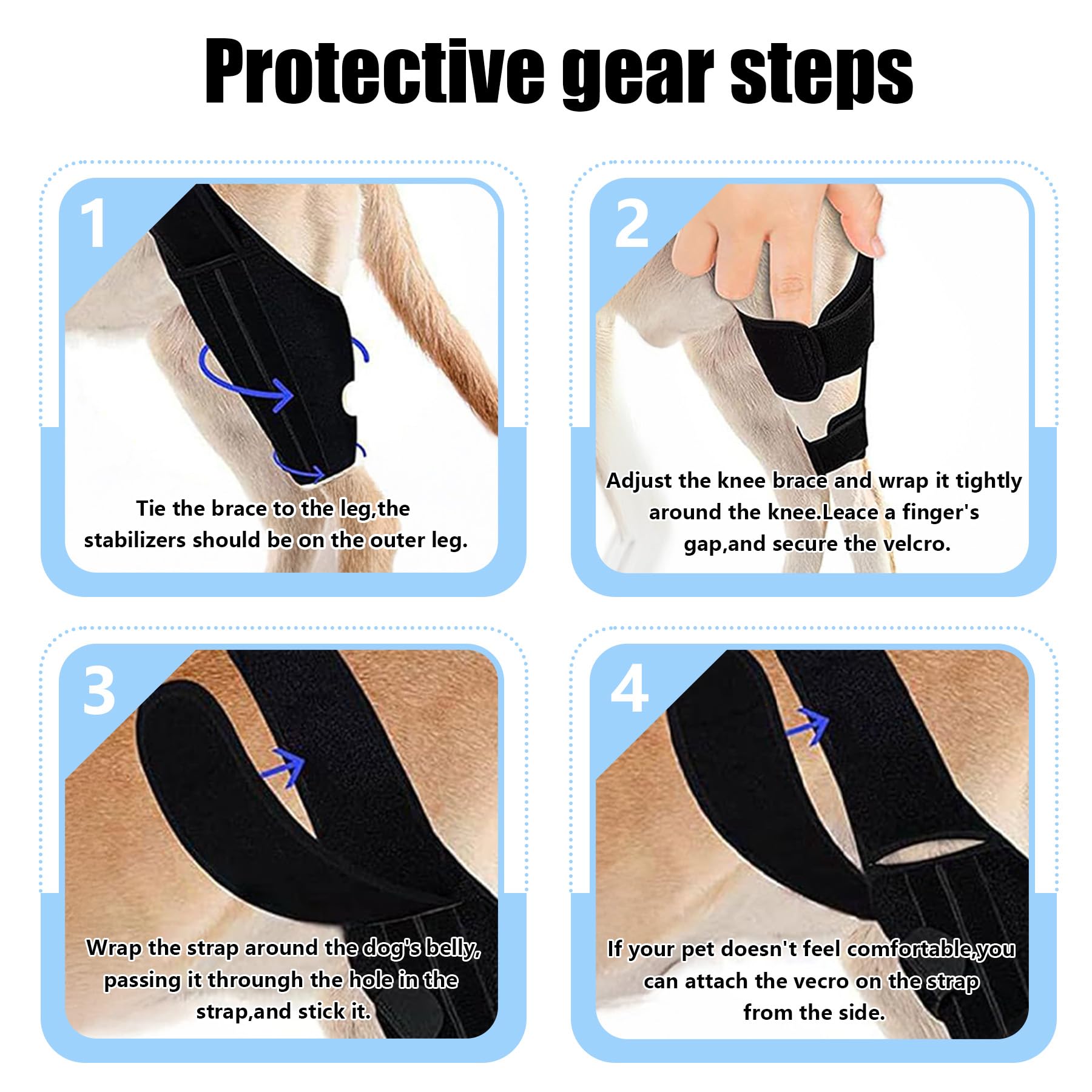 Noorace dog knee brace close-up highlights quick-adjust straps for easy fit.