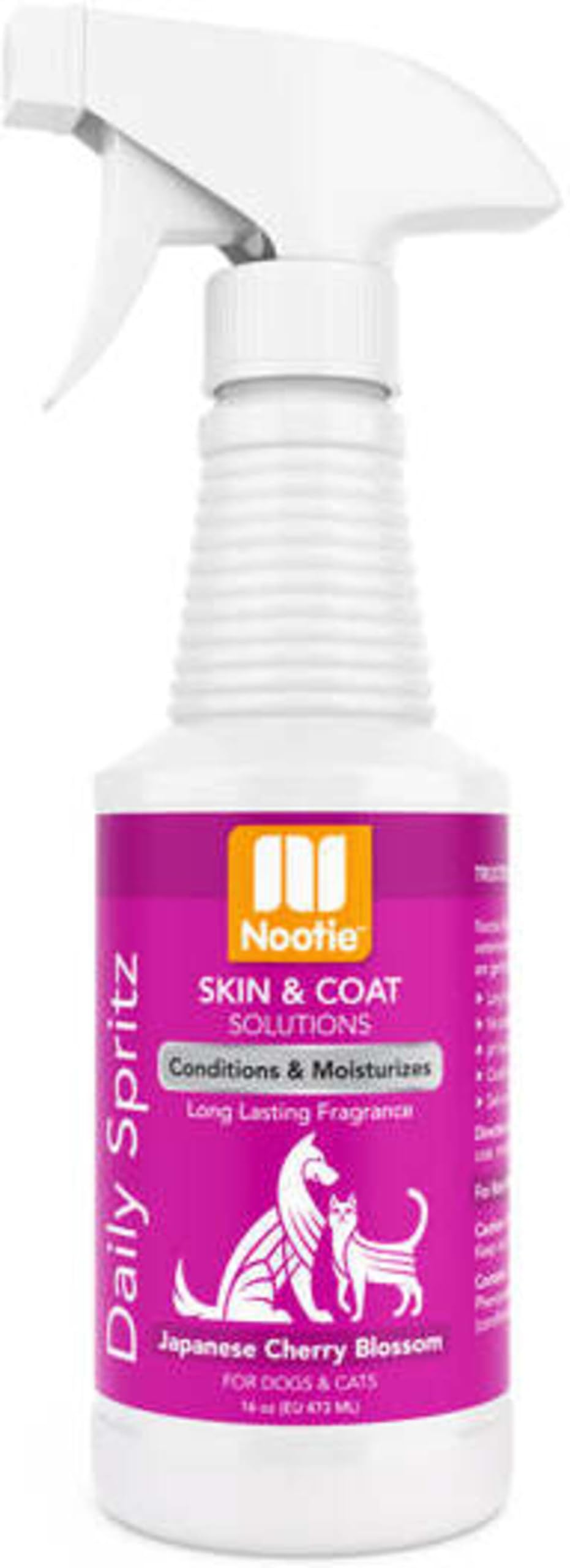 Nootie Daily Spritz bottle close-up shows light cherry blossom scent for dogs.