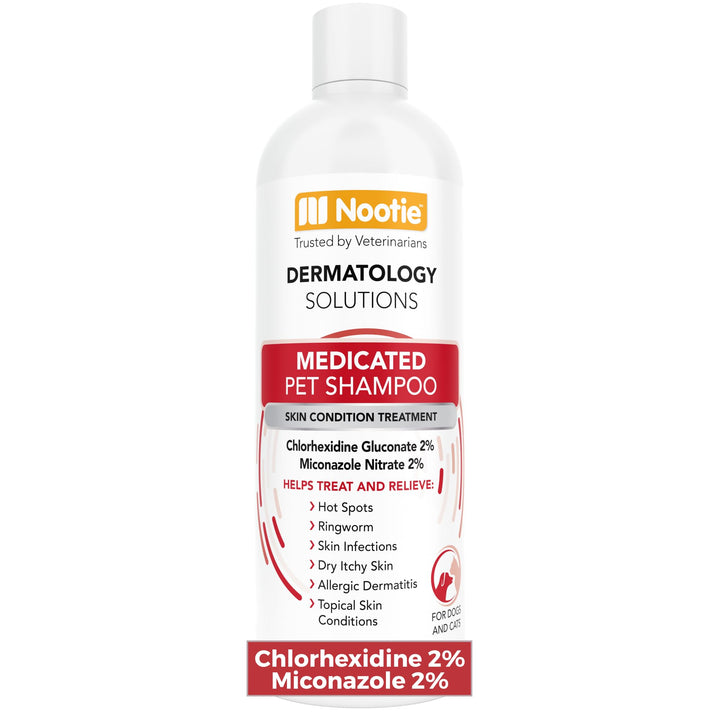 Nootie Medicated Pet Shampoo bottle front shows medicated formula for skin support.