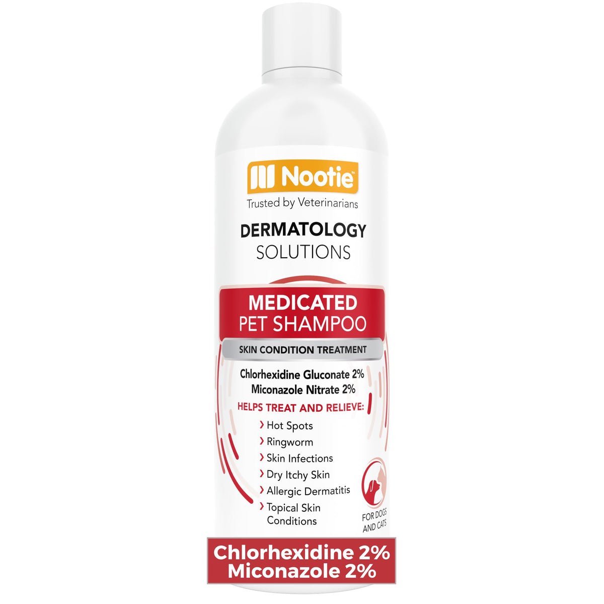 Nootie Medicated Pet Shampoo bottle front shows medicated formula for skin support.