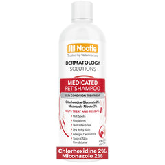 Nootie Medicated Pet Shampoo bottle front shows medicated formula for skin support.