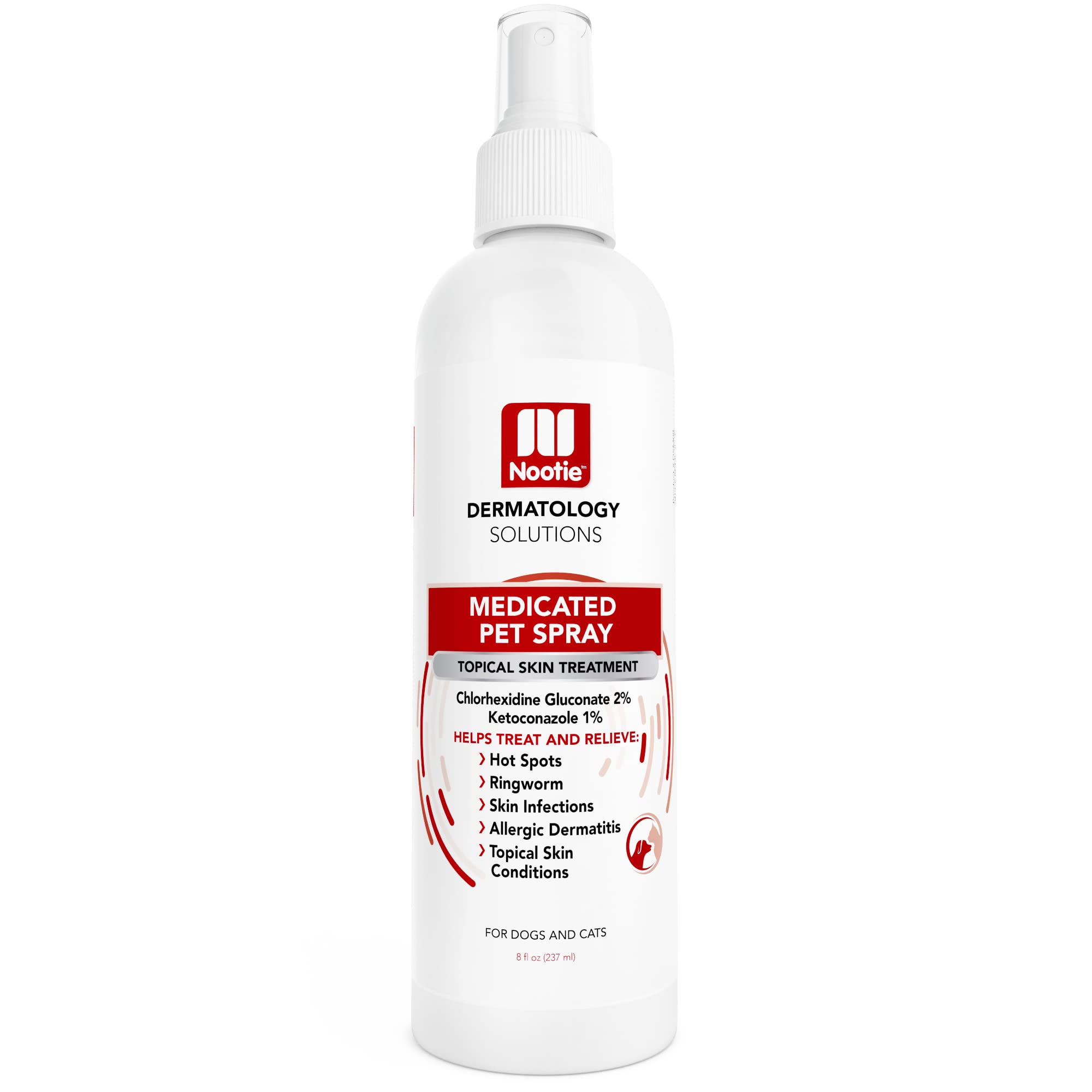 Nootie medicated spray bottle front view for dogs and cats, easy skin relief.