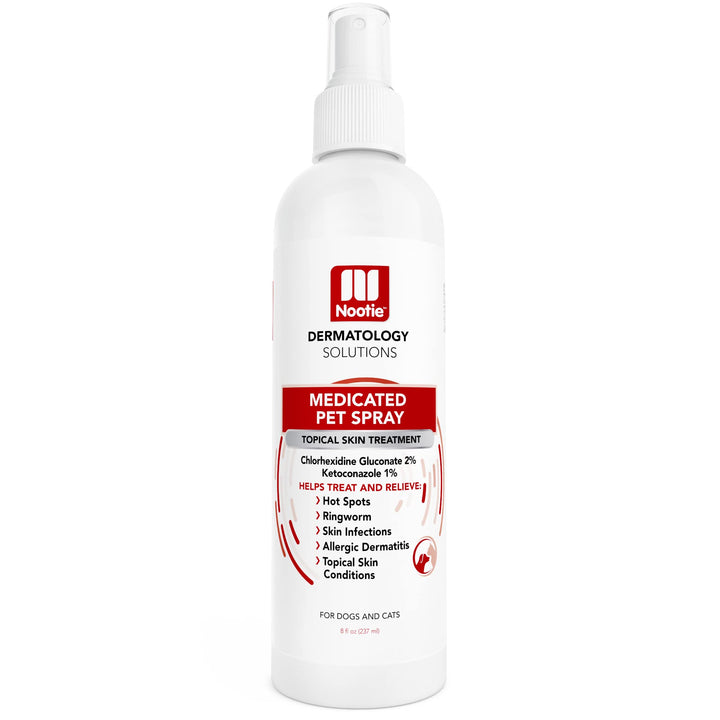 Nootie medicated spray bottle front view for dogs and cats, easy skin relief.