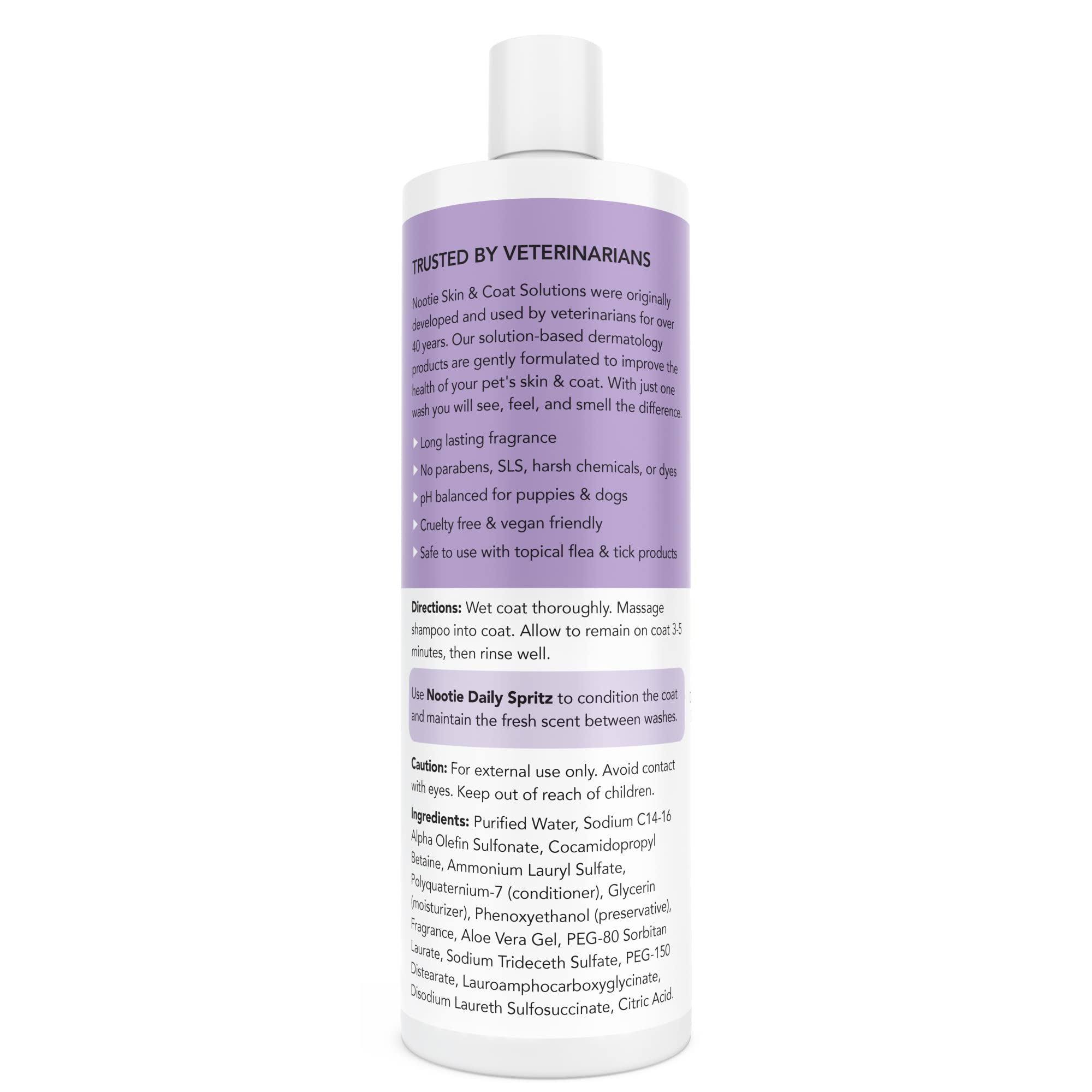 Nootie Natural Ingredients puppy shampoo bottle emphasizes gentle cleansing and natural formula.