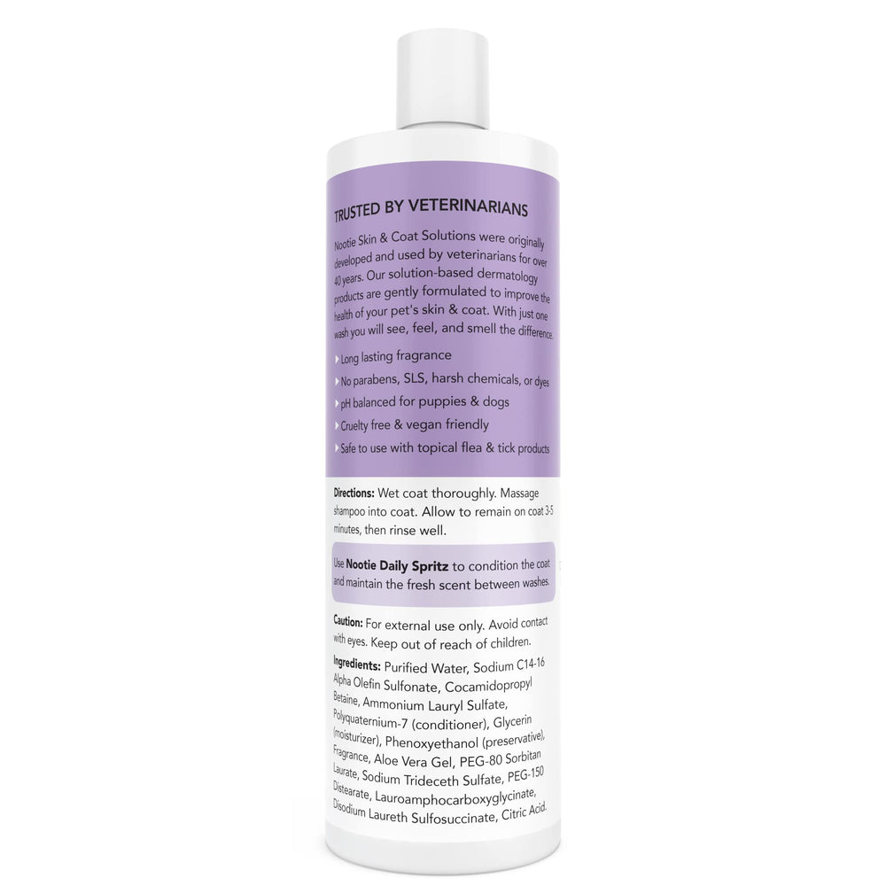 Nootie Natural Ingredients puppy shampoo bottle emphasizes gentle cleansing and natural formula.