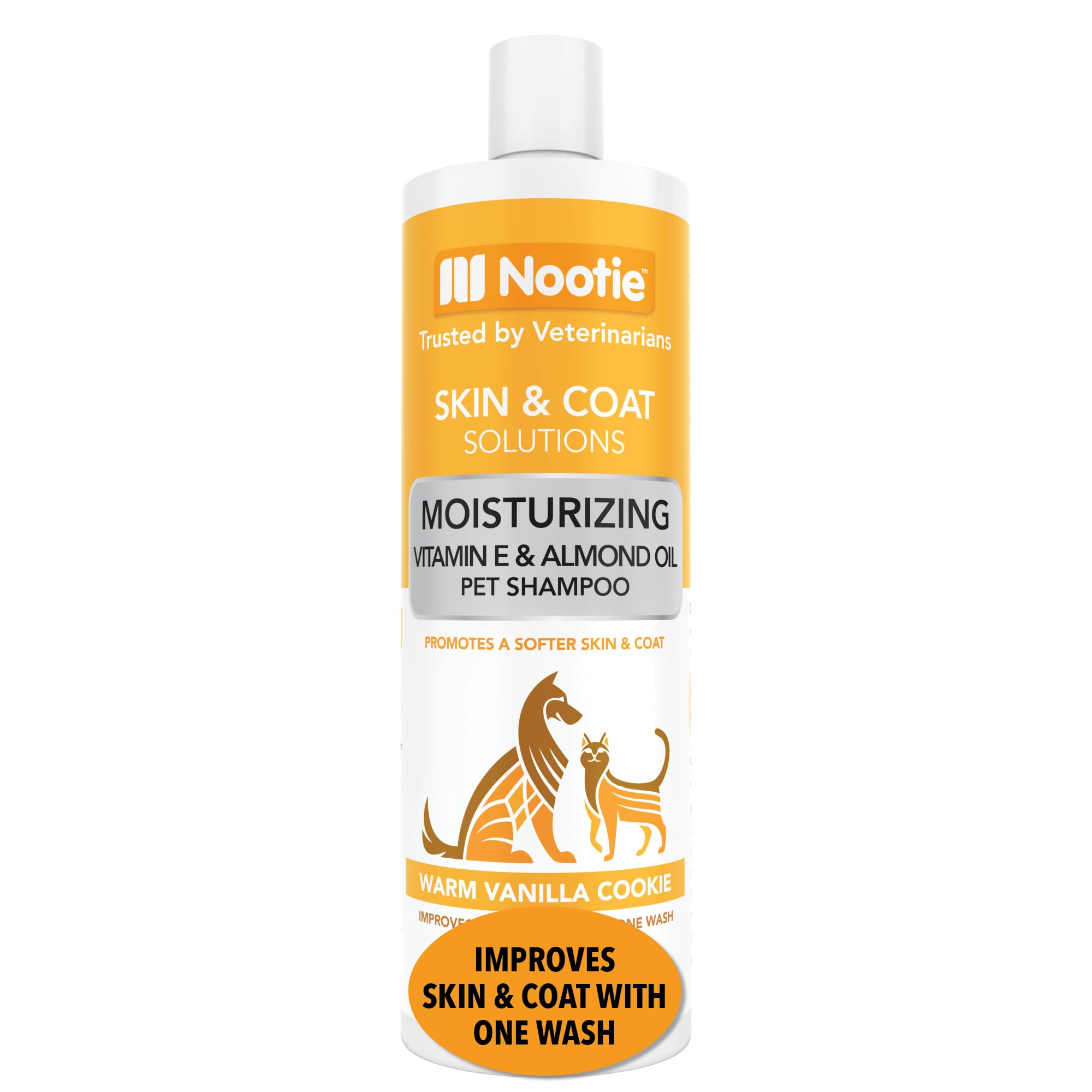 Nootie pet shampoo bottle pour demonstrates gentle cleansing for sensitive skin.