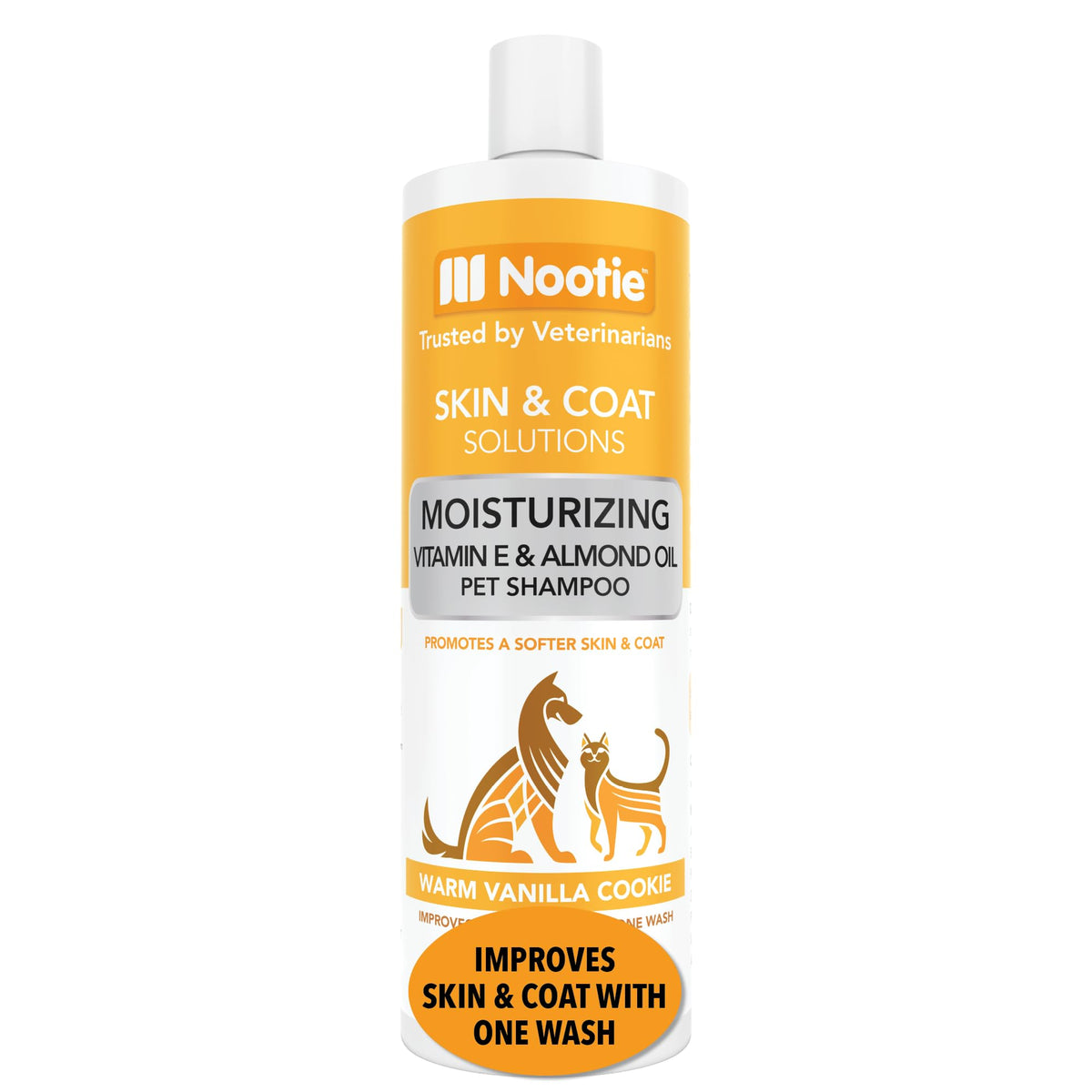 Nootie pet shampoo bottle pour demonstrates gentle cleansing for sensitive skin.