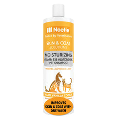 Nootie pet shampoo bottle pour demonstrates gentle cleansing for sensitive skin.