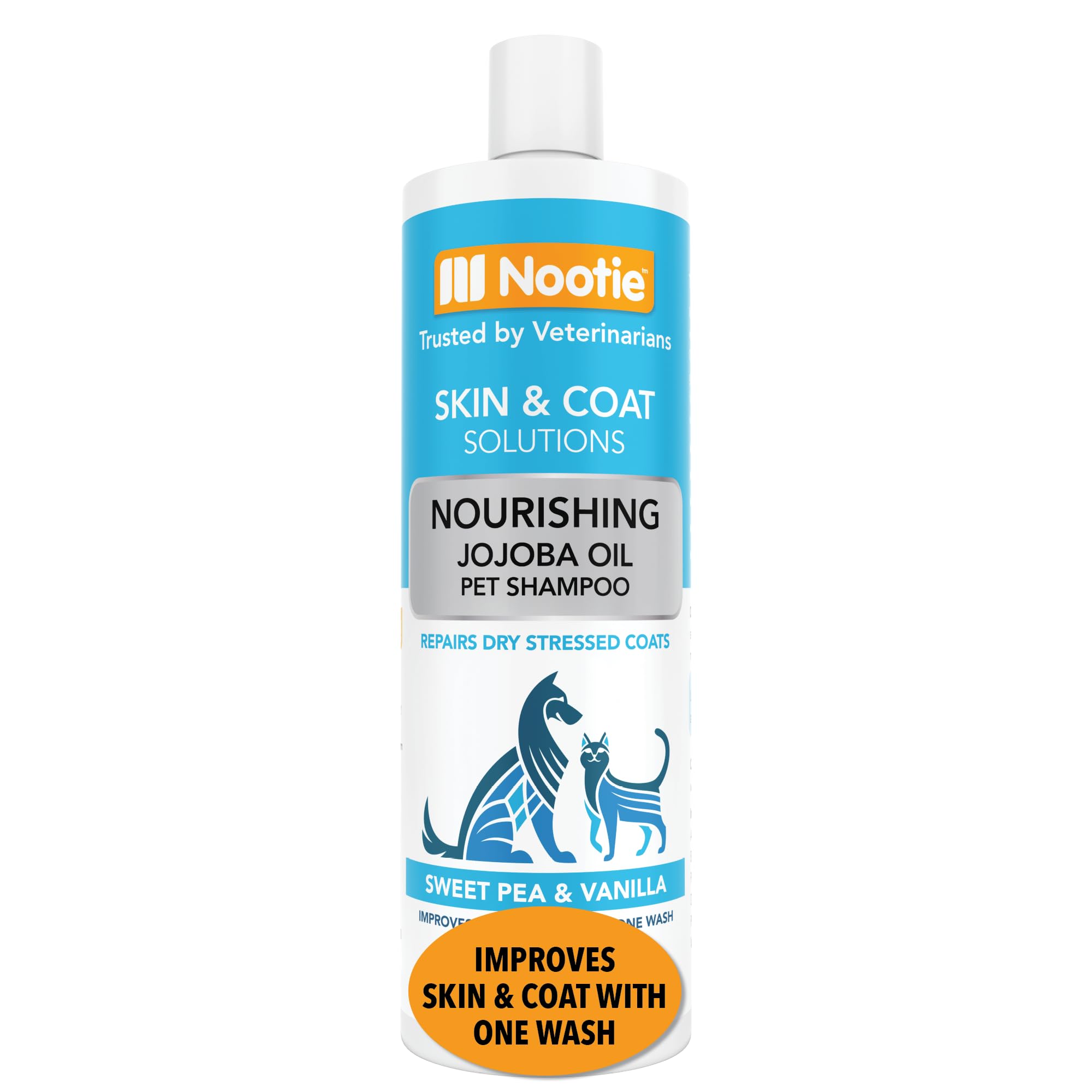 Nootie pet shampoo bottle shows gentle, sensitive-skin cleansing.