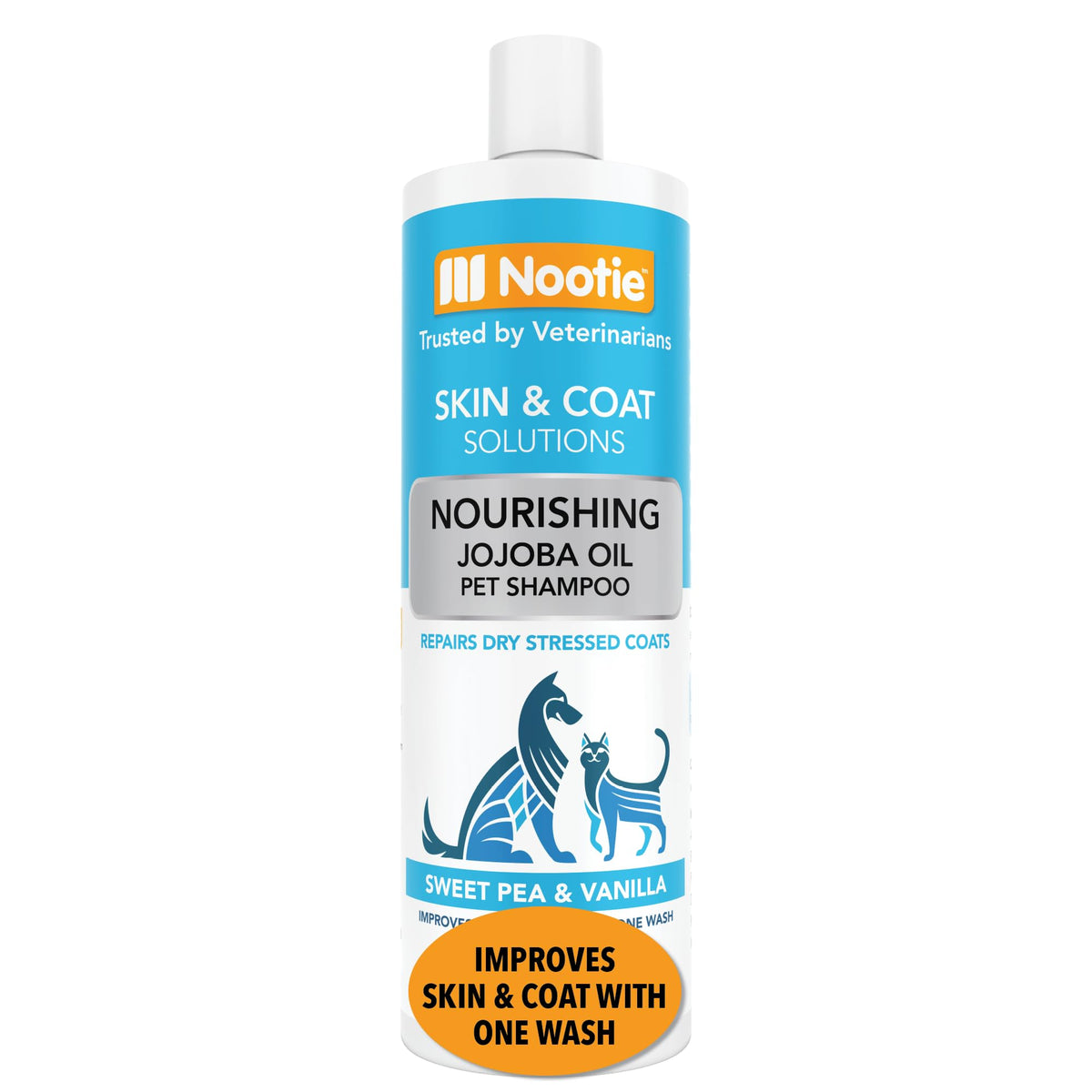 Nootie pet shampoo bottle shows gentle, sensitive-skin cleansing.