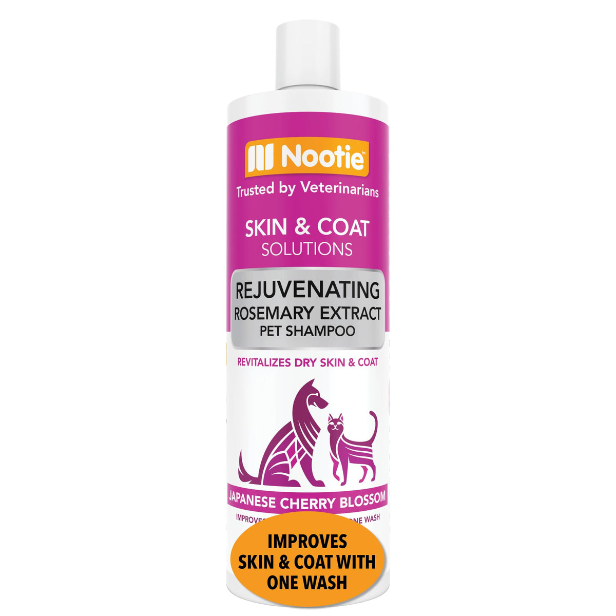 Nootie pet shampoo packaging close-up highlights natural formula for sensitive skin.