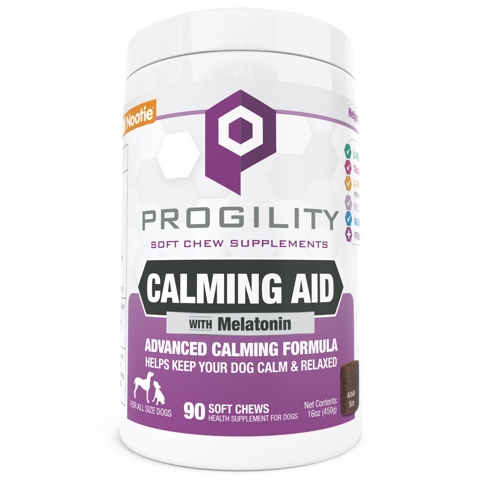 Nootie Progility calming soft chews in bottle help soothe dogs during stressful events
