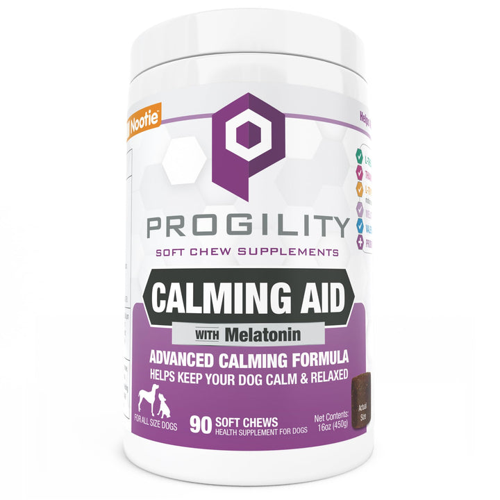 Nootie Progility calming soft chews in bottle help soothe dogs during stressful events