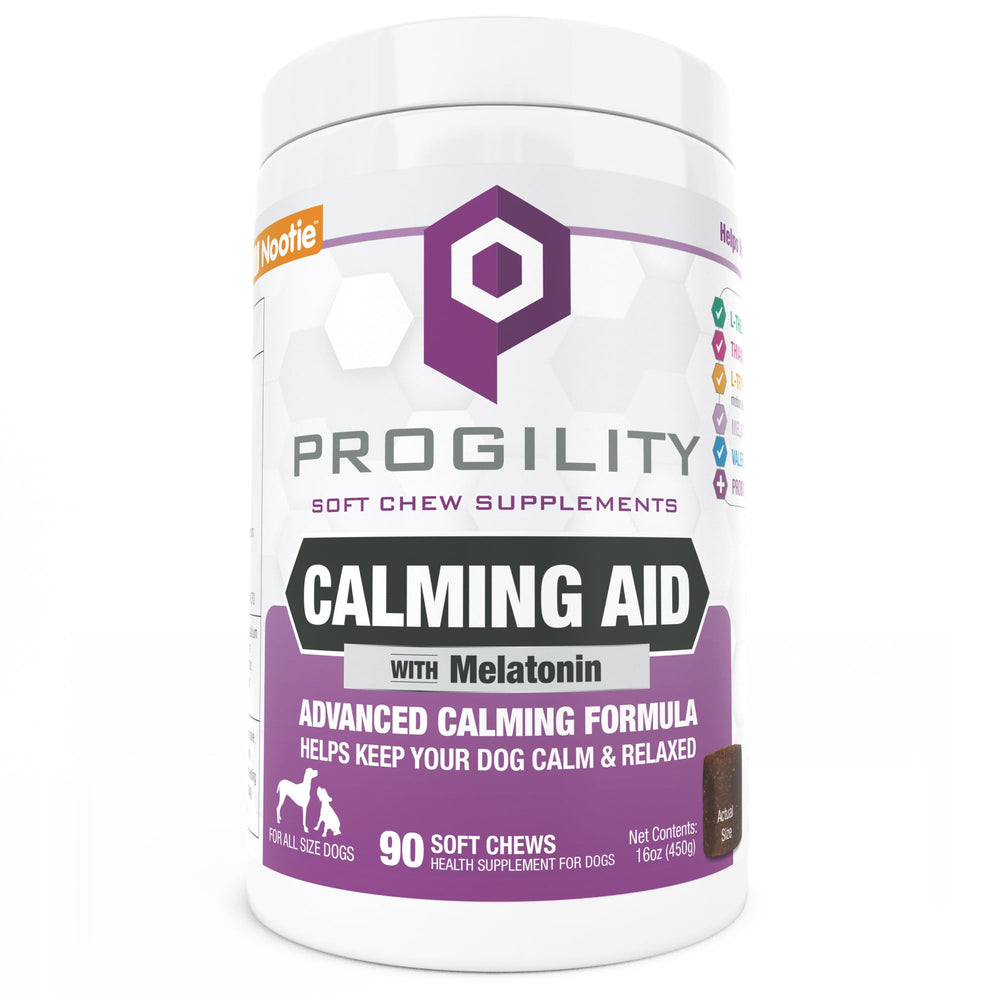 Nootie Progility calming soft chews in bottle help soothe dogs during stressful events