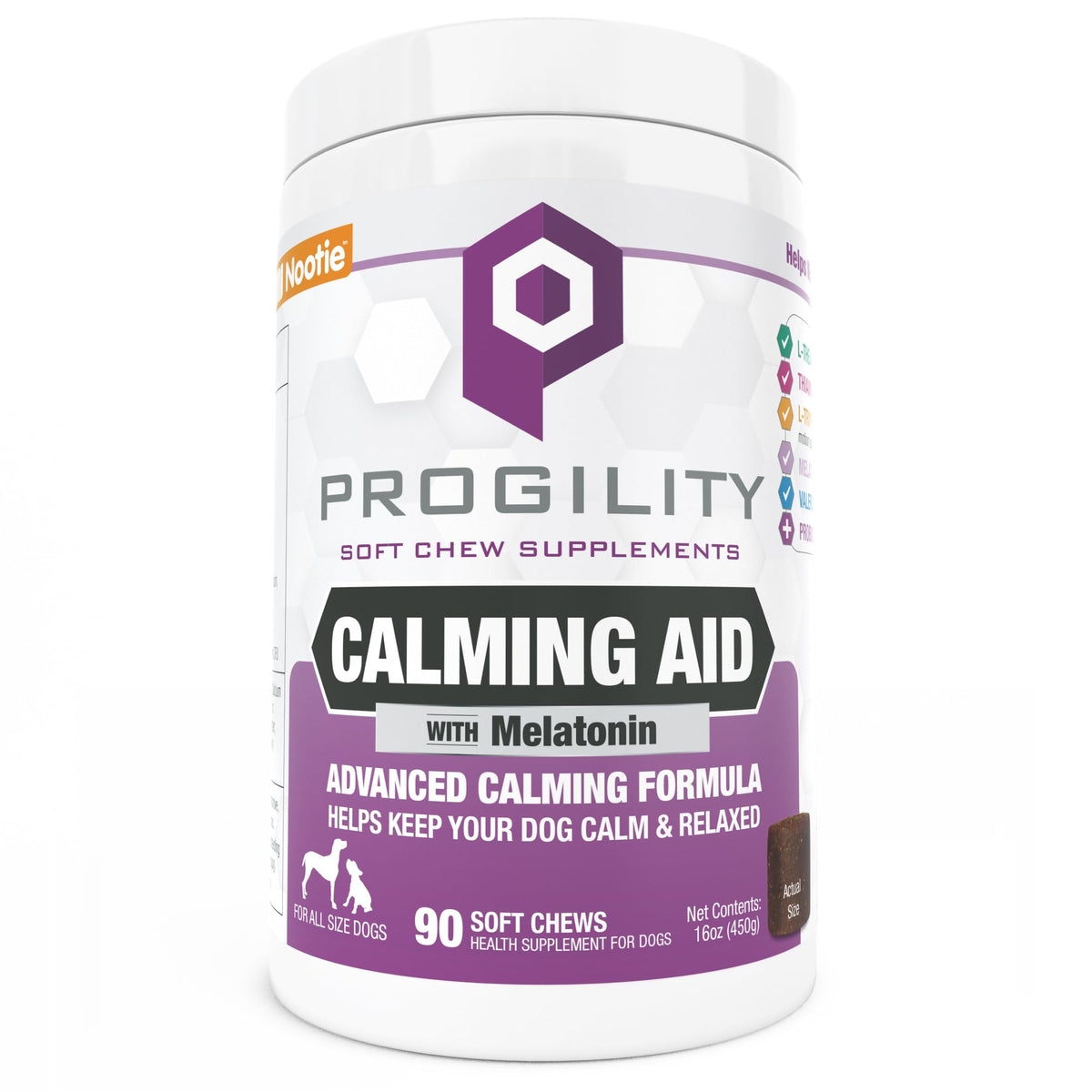 Nootie Progility calming soft chews in bottle help soothe dogs during stressful events