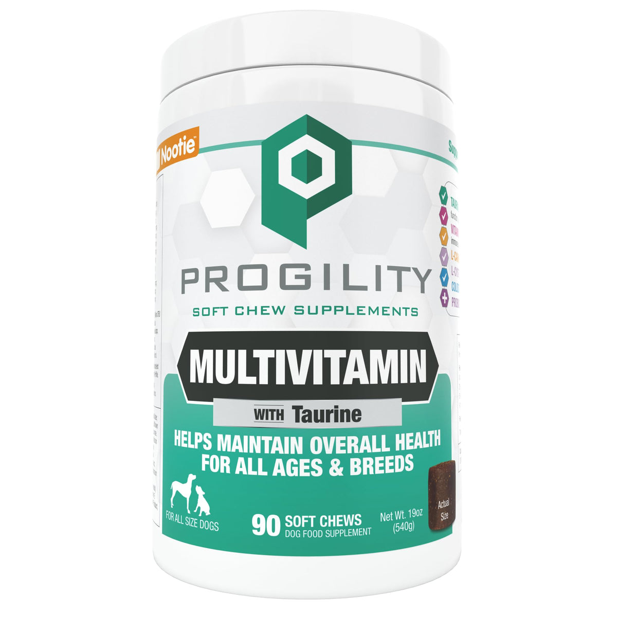 Nootie Progility bottle front view highlighting daily multivitamin for dogs' wellness.