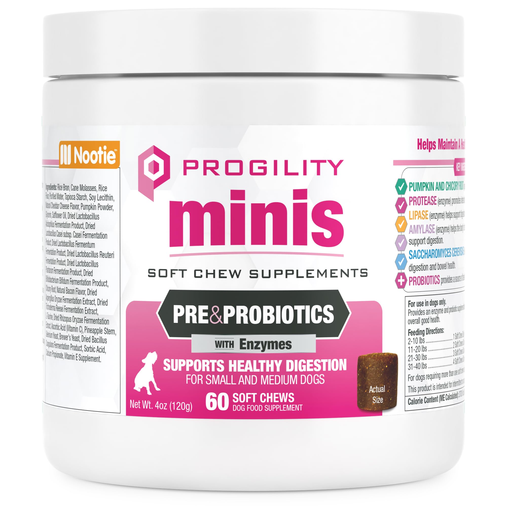 Nootie Progility Mini bottle label highlighting digestive support ingredients