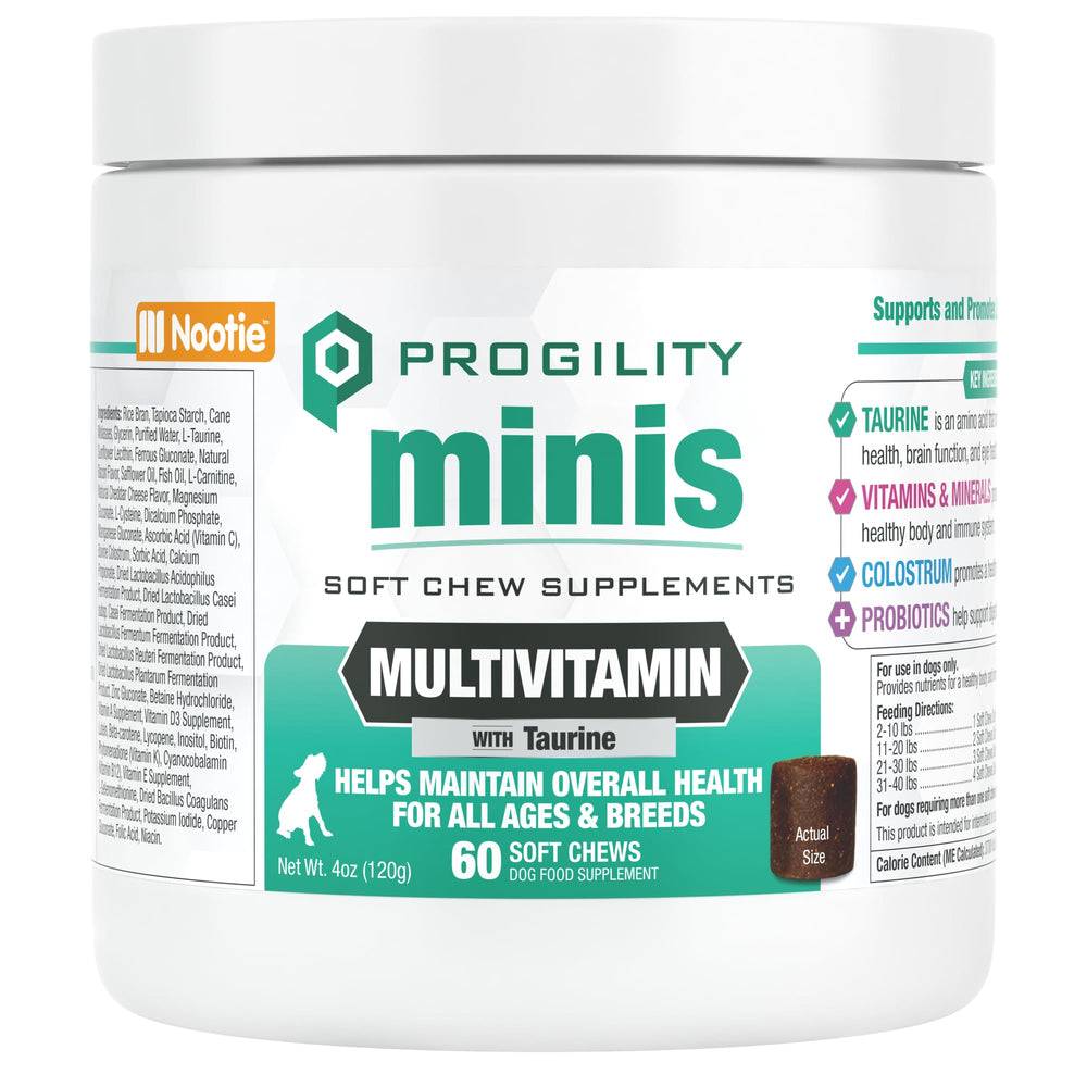 Nootie Progility mini soft chews in tub ready to support daily nutrition for small dogs