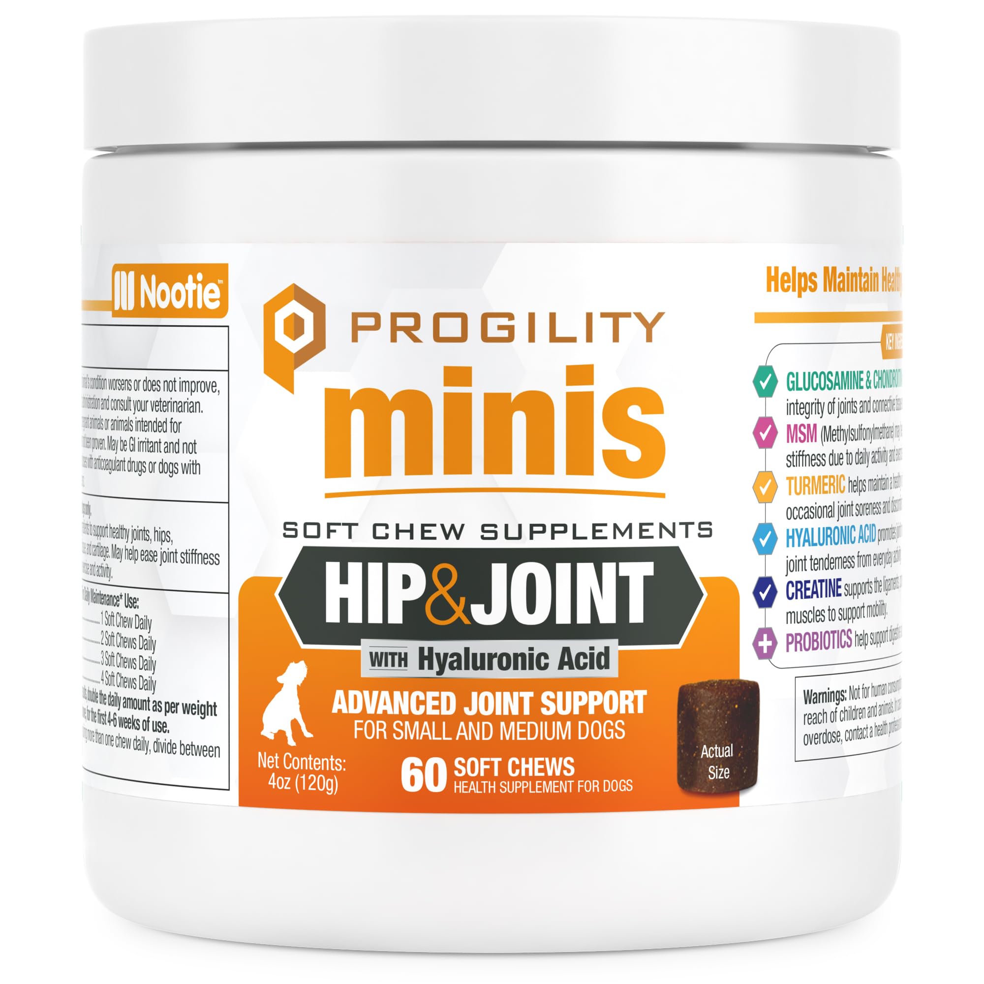 Nootie Progility mini hip joint soft chews bottle shown for daily use
