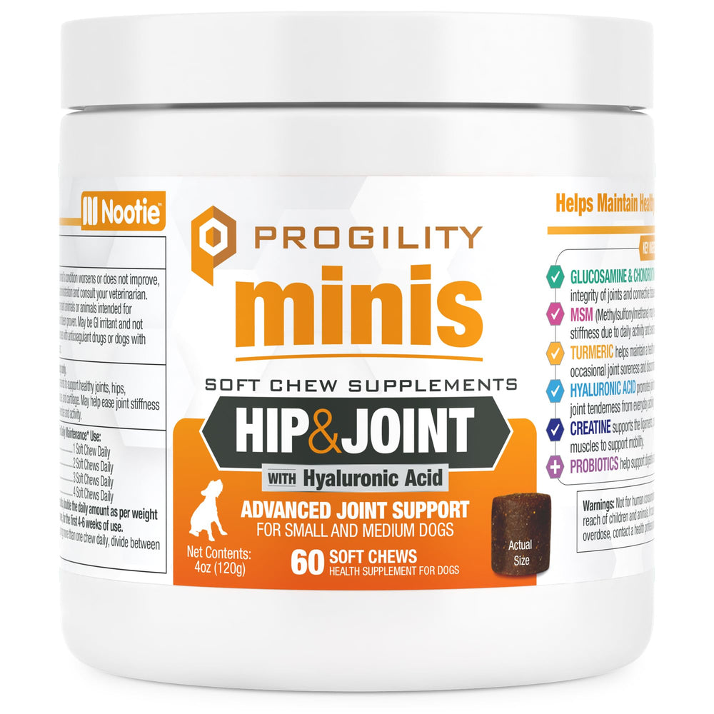 Nootie Progility mini hip joint soft chews bottle shown for daily use