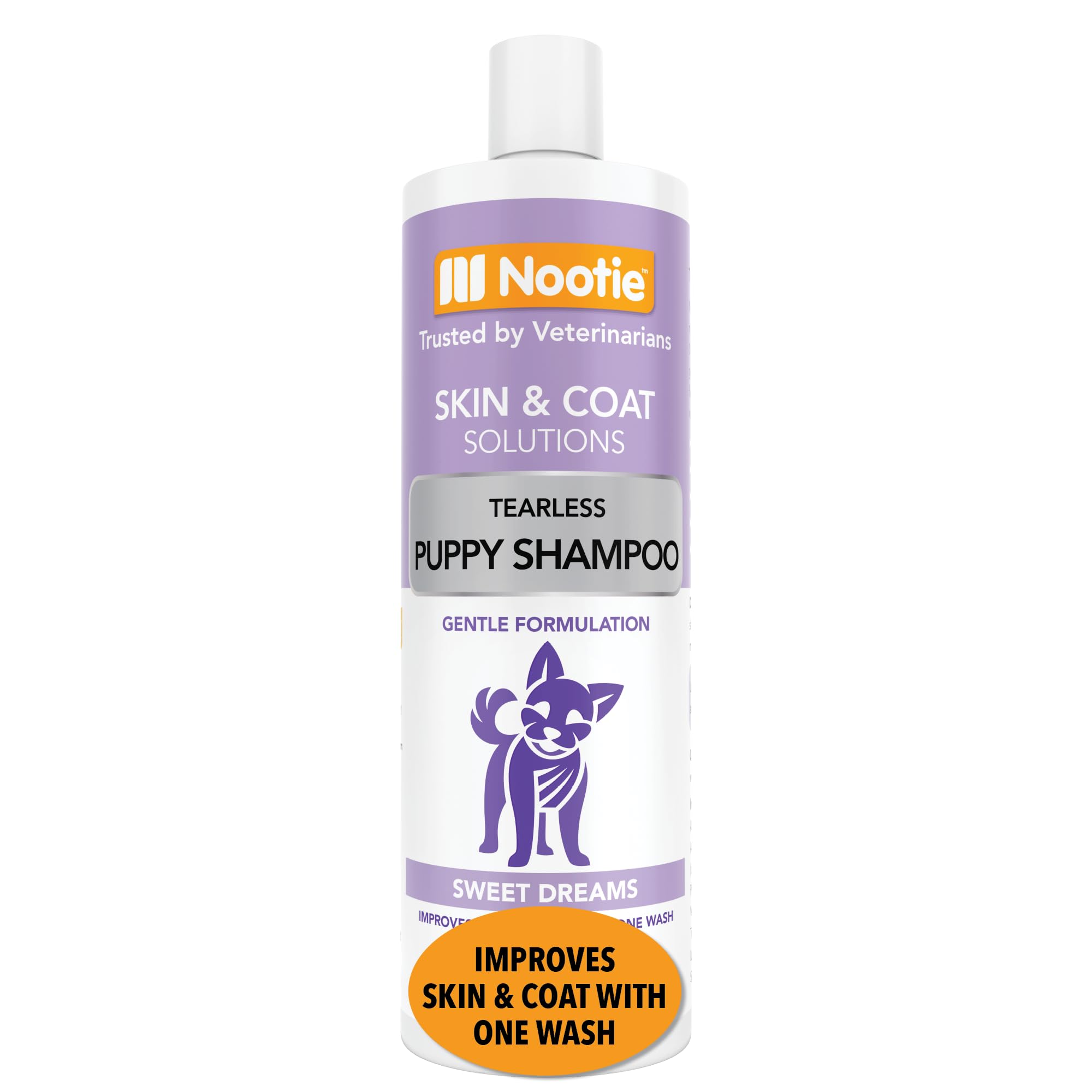 Nootie Tearless Puppy Shampoo bottle demonstrates gentle cleansing for sensitive skin.