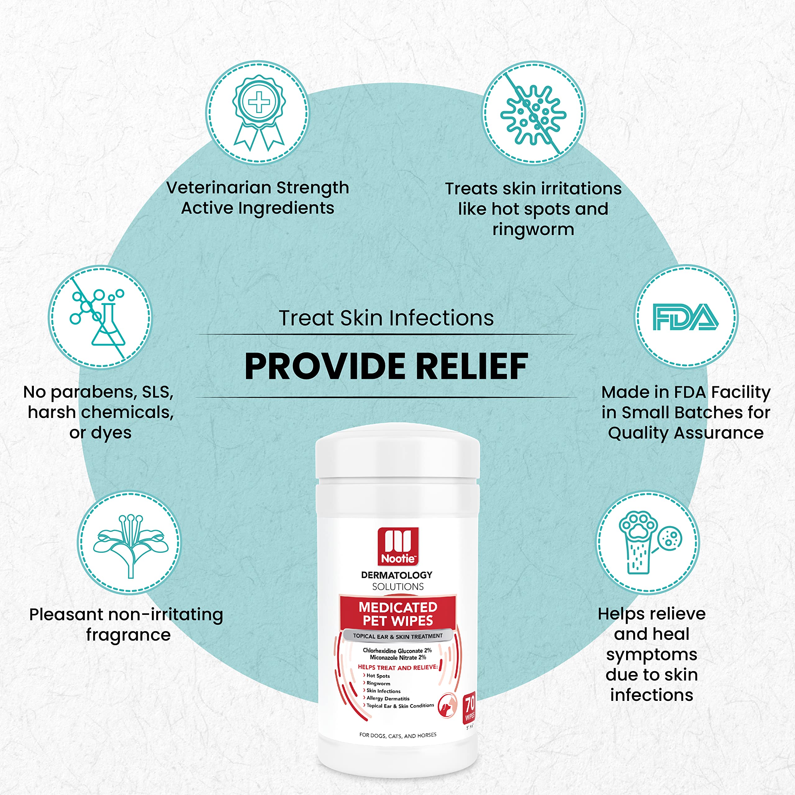 Nootie wipes used on a cat's skin area showing easy grip and usage.