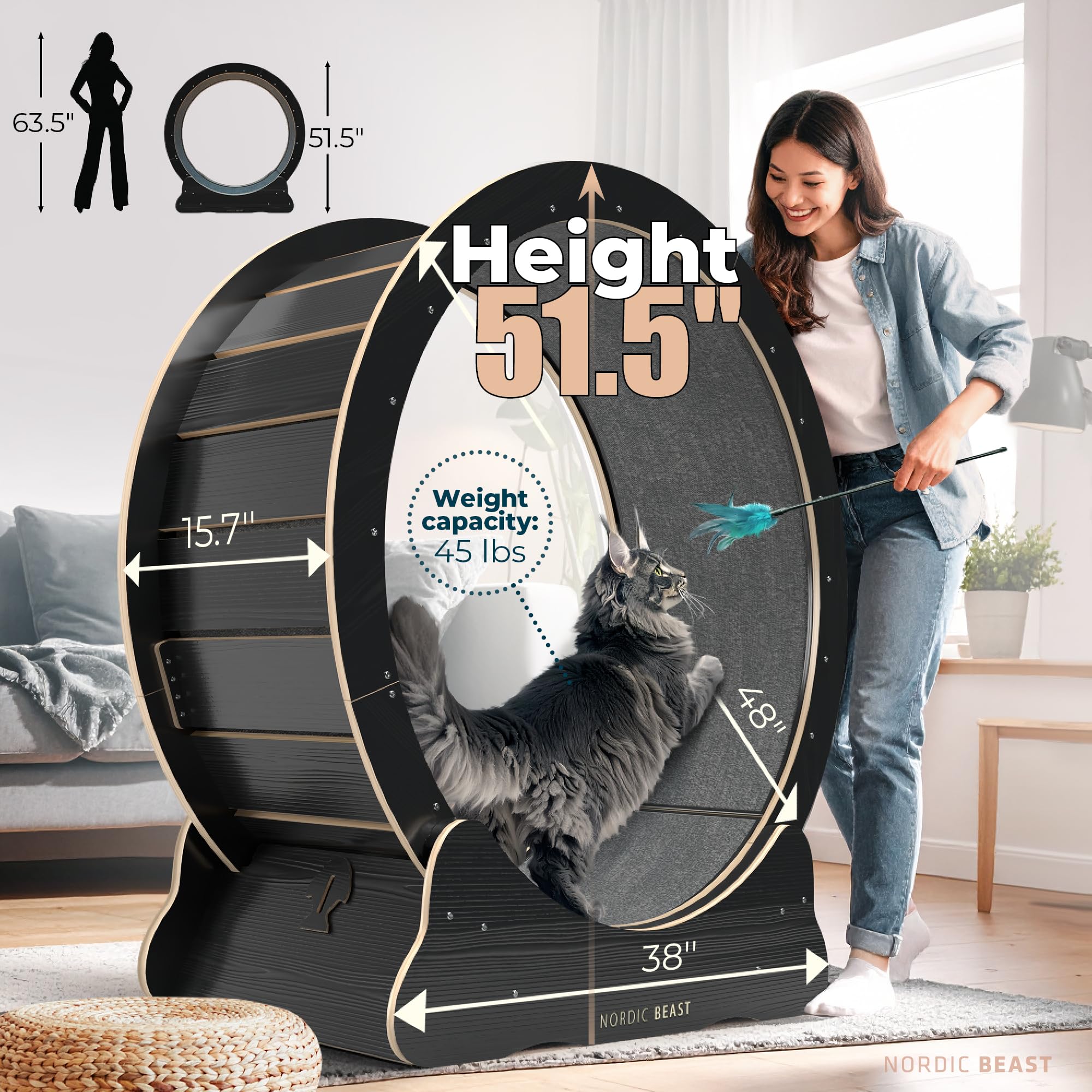 Nordic Beast 48'' XL cat wheel two cats running side by side for shared exercise