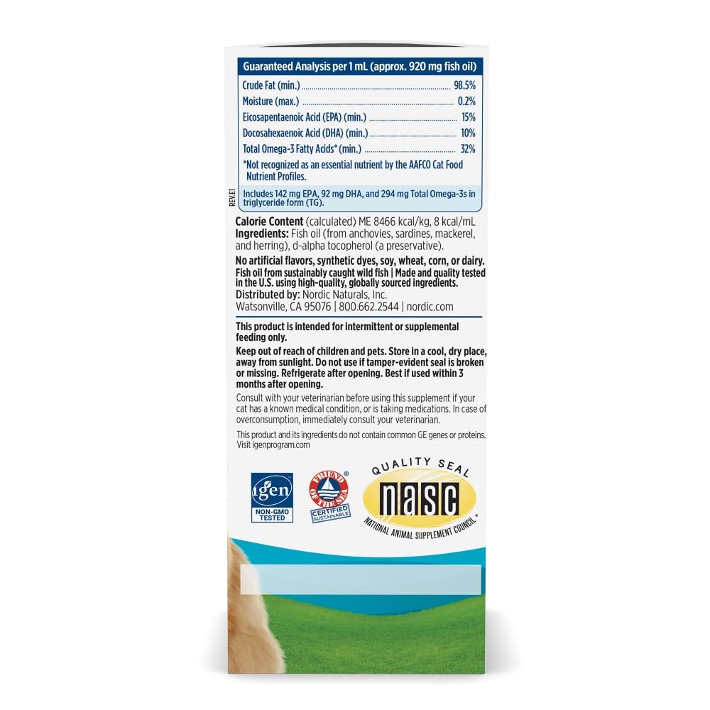Nordic Naturals Omega-3 Cat bottle close-up highlighting unflavored formula for cats
